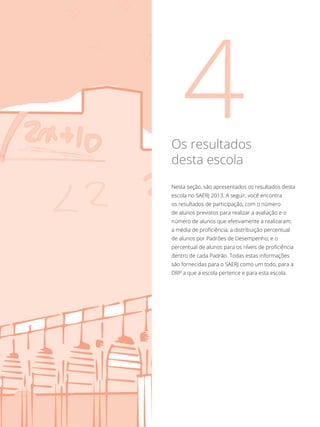 Os resultados
desta escola
Nesta seção, são apresentados os resultados desta
escola no SAERJ 2013. A seguir, você encontra
os resultados de participação, com o número
de alunos previstos para realizar a avaliação e o
número de alunos que efetivamente a realizaram;
a média de proficiência; a distribuição percentual
de alunos por Padrões de Desempenho; e o
percentual de alunos para os níveis de proficiência
dentro de cada Padrão. Todas estas informações
são fornecidas para o SAERJ como um todo, para a
DRP a que a escola pertence e para esta escola.
 