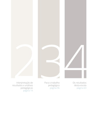 3Para o trabalho
pedagógico
página 56
4Os resultados
desta escola
página 63
2Interpretação de
resultados e análises
pedagógicas
página 14
 