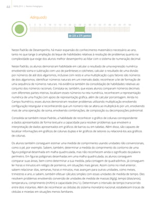 Neste Padrão de Desempenho, há maior expansão do conhecimento matemático necessário ao ano,
tanto no que tange à ampliação do leque de habilidades relativas à resolução de problemas quanto na
complexidade que exige dos alunos melhor desempenho ao lidar com o sistema de numeração decimal.
Neste Padrão, os alunos demonstram habilidade em calcular o resultado de uma expressão numérica
envolvendo soma e subtração com uso de parênteses e colchetes; calcular o resultado de uma divisão
por números de até dois algarismos, inclusive com resto e uma multiplicação cujos fatores são números
de dois algarismos; identificar números naturais em um intervalo dado; reconhecer a lei de formação de
uma sequência de números naturais. Há evidência também da consolidação de habilidades relativas ao
conjunto dos números racionais. Constata-se, também, que esses alunos comparam números decimais
com diferentes partes inteiras, localizam esses números na reta numérica, reconhecem a representação
numérica de uma fração com apoio de representação gráfica, além de calcular porcentagem. Ainda no
Campo Numérico, esses alunos demonstram resolver problemas utilizando multiplicação envolvendo
configuração retangular e reconhecendo que um número não se altera ao multiplicá-lo por um, envolvendo
mais de uma operação; de soma, envolvendo combinações; de composição ou decomposições polinomial.
Consolida-se também nesse Padrão, a habilidade de reconhecer o gráfico de colunas correspondente
a dados apresentados de forma textual e a capacidade para resolver problemas que envolvem a
interpretação de dados apresentados em gráficos de barras ou em tabelas. Além disso, são capazes de
localizar informações em gráficos de colunas duplas e ler gráficos de setores ou relacioná-los aos gráficos
de colunas.
Os alunos também conseguem estimar uma medida de comprimento usando unidades não convencionais,
como o pé, por exemplo. Sabem, também, determinar a medida do comprimento do contorno de uma
figura poligonal desenhada em malha quadriculada, mas não reconhecem ainda o significado da palavra
perímetro. Em figuras poligonais desenhadas em uma malha quadriculada, os alunos conseguem
comparar suas áreas, bem como determinar a sua medida, pela contagem de quadradinhos. Já conseguem
ler horas e minutos em relógio de ponteiros, em situações mais gerais. Assim como no nível anterior,
sabem relacionar dias, semanas, horas e minutos, mas avançam para outras unidades, como meses,
trimestres e ano, e sabem, também efetuar cálculos simples com essas unidades de medida de tempo. Eles
resolvem problemas envolvendo conversão de unidades de medida de massas (Kg/g), tempo (dias/anos),
temperatura, comprimento (m/Km) e capacidade (mL/ L). Determinam o intervalo de tempo transcorrido
entre dois instantes. Além de reconhecer as cédulas do sistema monetário nacional, estabelecem trocas de
cédulas e moedas em situações menos familiares.
Adequado
0 25 50 75 100 125 150 175 200 225 250 275 300 325 350 375 400 425 450 475 500
de 225 a 275 pontos
44 SAERJ 2013 | Revista Pedagógica
 