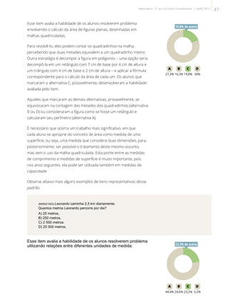 Esse item avalia a habilidade de os alunos resolverem problema
envolvendo o cálculo da área de figuras planas, desenhadas em
malhas quadriculadas.
Para resolvê-lo, eles podem contar os quadradinhos na malha,
percebendo que duas metades equivalem a um quadradinho inteiro.
Outra estratégia é decompor a figura em polígonos – uma opção seria
decompô-la em um retângulo com 7 cm de base por 4 cm de altura e
um triângulo com 4 cm de base e 2 cm de altura – e aplicar a fórmula
correspondente para o cálculo da área de cada um. Os alunos que
marcaram a alternativa C, possivelmente, desenvolveram a habilidade
avaliada pelo item.
Aqueles que marcaram as demais alternativas, provavelmente, se
equivocaram na contagem das metades dos quadradinhos (alternativa
B ou D) ou consideraram a figura como se fosse um retângulo e
calcularam seu perímetro (alternativa A).
É necessário que ocorra um trabalho mais significativo, em que
cada aluno se aproprie do conceito de área como medida de uma
superfície, ou seja, uma medida que considera duas dimensões, para,
posteriormente, ser possível o tratamento deste mesmo assunto,
mas sem o uso da malha quadriculada. Esta ponte entre as medidas
de comprimento e medidas de superfície é muito importante, pois
nos anos seguintes, ela pode ser utilizada também em medidas de
capacidade.
Observe abaixo mais alguns exemplos de itens representativos desse
padrão.
19A B C D
27,3% 16,3% 19,8% 34%
19,8% de acerto
(M050213ES) Leonardo caminha 2,5 km diariamente.
Quantos metros Leonardo percorre por dia?
A) 25 metros.
B) 250 metros.
C) 2 500 metros.
D) 25 000 metros.
Esse item avalia a habilidade de os alunos resolverem problema
utilizando relações entre diferentes unidades de medida.
23A B C D
44,4% 24,6% 23,2% 5,2%
23,2% de acerto
47Matemática - 5º ano do Ensino Fundamental | SAERJ 2013
 