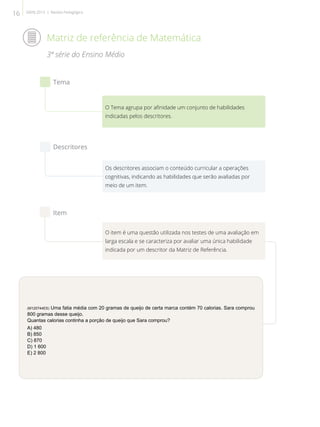 Matriz de referência de Matemática
3ª série do Ensino Médio
O Tema agrupa por afinidade um conjunto de habilidades
indicadas pelos descritores.
Os descritores associam o conteúdo curricular a operações
cognitivas, indicando as habilidades que serão avaliadas por
meio de um item.
O item é uma questão utilizada nos testes de uma avaliação em
larga escala e se caracteriza por avaliar uma única habilidade
indicada por um descritor da Matriz de Referência.
Tema
Descritores
Item
(M120744ES) Uma fatia média com 20 gramas de queijo de certa marca contém 70 calorias. Sara comprou
800 gramas desse queijo.
Quantas calorias continha a porção de queijo que Sara comprou?
A) 480
B) 850
C) 870
D) 1 600
E) 2 800
16 SAERJ 2013 | Revista Pedagógica
 