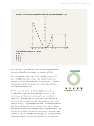 (M120445ES) O gráfico abaixo representa uma função definida no intervalo [– 4, 6].
7
8
Essa função é decrescente no intervalo
A) [– 4, 0]
B) [0, 2]
C) [0, 6]
D) [0, 8]
E) [2, 6]
Esse item avalia a habilidade de os alunos analisarem crescimento e
decrescimento de funções reais apresentadas em gráficos.
Para resolvê-lo, eles devem identificar o intervalo do domínio no
qual a função é decrescente. Nesse caso, eles devem associar o
intervalo de decrescimento da função ao intervalo [-4, 0]. Os alunos
que assinalaram a alternativa A, provavelmente, desenvolveram a
habilidade avaliada pelo item.
Os alunos que marcaram a alternativa B, provavelmente, não se
apropriaram do significado de decrescimento de uma função,
confundindo com seu crescimento. Aqueles que assinalaram a
alternativa C, possivelmente, não compreenderam o comando do
item, marcando o complementar da resposta, ou seja, justamente o
intervalo no qual a função não é decrescente. Os alunos que optaram
pela alternativa D, provavelmente, compreenderam o enunciado do
item, entretanto, fizeram, de forma equivocada, a correspondência do
intervalo do domínio em que a função decresce com a imagem desse
intervalo. Já a escolha pela alternativa E sugere que tais respondentes
não compreendem o significado de decrescimento de uma função,
40A B C D E
40,7% 18,3% 9,4% 20,7%9,8%
40,7% de acerto
47Matemática - 3ª série do Ensino Médio | SAERJ 2013
 