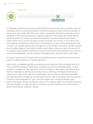 As habilidades matemáticas características desse Padrão demonstram que os alunos ampliam o leque de
habilidades relativas à resolução de problemas envolvendo equação do 2º grau; sistema de equações do
primeiro grau; juros simples. Além disso, eles calculam o resultado de expressões envolvendo, as quatro
operações e números decimais (positivos e negativos, potências e raízes exatas). Eles também efetuam
cálculos de divisão com números racionais (forma fracionária e decimal simultaneamente); obtêm a
média aritmética de um conjunto de valores; calculam expressões com numerais na forma decimal com
quantidades de casas diferentes; determinam as coordenadas de um ponto de intersecção de duas retas
e resolvem uma equação exponencial por fatoração de um dos membros. Esses alunos, também, calculam
áreas de regiões poligonais desenhadas em malhas quadriculadas, inclusive com lados inclinados de 45°
em relação aos eixos; resolvem problemas envolvendo a conversão de metro quadrado em litro; calculam
volume de paralelepípedo e calculam o perímetro de polígonos sem o apoio de malhas quadriculadas.
No Campo Tratamento da Informação, estimam quantidades baseadas em gráficos de diversas formas e
analisam um gráfico de linhas com sequência de valores.
Nesse Padrão, as habilidades geométricas características são relativas ao cálculo de ângulos centrais em
uma circunferência dividida em partes iguais; à resolução de problemas envolvendo ângulos, inclusive
utilizando a Lei Angular de Tales e aplicando o Teorema de Pitágoras. São também, características desse
Padrão as habilidades de identificar propriedades comuns e diferenças entre figuras bidimensionais e
tridimensionais, relacionando estas às suas planificações; resolver problemas utilizando propriedades
dos polígonos (número de diagonais, soma de ângulos internos, valor de cada ângulo interno ou externo),
inclusive por meio de equação do 1º grau; reconhecer ângulo como mudança de direção ou giro,
diferenciando ângulos obtusos, não obtusos e retos em uma trajetória; determinar a razão de semelhança
entre dois triângulos, com apoio das figuras e reconhecer a proporcionalidade entre comprimentos em
figuras relacionadas por ampliação e redução.
Adequado
0 25 50 75 100 125 150 175 200 225 250 275 300 325 350 375 400 425 450 475 500
de 350 a 375 pontos
50 SAERJ 2013 | Revista Pedagógica
 