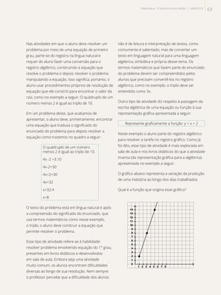 Nas atividades em que o aluno deve resolver um
problema por meio de uma equação de primeiro
grau, parte-se do registro na língua natural e
requer do aluno fazer uma conversão para o
registro algébrico, construindo a equação que
resolve o problema e depois resolver o problema
manipulando a equação. Isso significa, portanto, o
aluno usar procedimentos próprios de resolução de
equação que ele constrói para encontrar o valor da
raiz, como no exemplo a seguir: O quádruplo de um
número menos 2 é igual ao triplo de 10.
Em um problema deste, que acabamos de
apresentar, o aluno deve, primeiramente, encontrar
uma equação que traduza o significado do
enunciado do problema para depois resolver a
equação como trazemos no quadro a seguir:
O quádruplo de um número
menos 2 é igual ao triplo de 10.
4x -2 =3.10
4x-2=30
4x=2+30
4x=32
x=32:4
x=8
O texto do problema está em língua natural e após
a compreensão do significado do enunciado, que
usa termos matemáticos como nesse exemplo,
o triplo, o aluno deve construir a equação que
permite resolver o problema.
Esse tipo de atividade refere-se à habilidade:
resolver problema envolvendo equação do 1° grau,
presentes em livros didáticos e desenvolvidos
em sala de aula. Embora seja uma atividade
muito comum, os alunos encontram dificuldades
diversas ao longo de sua resolução. Nem sempre
o professor percebe que a dificuldade dos alunos
não é de leitura e interpretação de textos, como
comumente é salientado, mas de converter um
texto em linguagem natural para uma linguagem
algébrica, simbólica e própria desse tema. Os
termos matemáticos que fazem parte do enunciado
do problema devem ser compreendidos pelos
alunos que precisam convertê-los no registro
algébrico, como no exemplo: o triplo deve ser
entendido como 3x.
Outro tipo de atividade diz respeito à passagem da
escrita algébrica de uma equação ou função à sua
representação gráfica apresentada a seguir:
Represente graficamente a função: y = x + 2
Neste exemplo o aluno parte do registro algébrico
para resolver a tarefa no registro gráfico. Como já
foi dito, esse tipo de atividade é mais explorada em
sala de aula e nos livros didáticos do que a atividade
inversa (da representação gráfica para a algébrica)
apresentada no exemplo a seguir.
O gráfico abaixo representa a variação da produção
de uma indústria ao longo dos dias trabalhados.
Qual é a função que origina esse gráfico?
14
13
12
11
10
9
8
7
6
5
4
3
2
1
0
1 2 3 4 5 6 7 8
63Matemática - 3ª série do Ensino Médio | SAERJ 2013
 