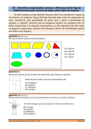 Sistema de Avaliação Educacional de Palmas – SAEP Página 59
D3 – Identificar propriedades comuns e diferenças entre figuras
bidimensionais pelo número de lados, pelos tipos de ângulos.
Os itens relativos a este descritor buscam aferir se o estudante é capaz de
reconhecer um polígono (figura fechada formada pela união de segmentos de
reta), classificá-lo pela quantidade de lados, que é igual à quantidade de
ângulos, e, também, observar que os polígonos podem ser regulares (têm os
lados congruentes e os ângulos congruentes), ou não regulares (não têm lados
ou ângulos congruentes). Quanto aos triângulos, devem ser classificados quanto
aos lados e aos ângulos.
QUESTÃO 11 (SAEP 2012)
Das figuras abaixo quantas são quadriláteros?
QUESTÃO 12
A porta de entrada da casa de Maria foi desenhada aqui. Observe o desenho.
QUESTÃO 13 (SAEP 2012)
Renata estava brincando com formas geométricas e montou um boneco. Observe.
(A) 5 figuras
(B) 4 figuras
(C) 2 figuras
(D) 1 figura
Neste desenho, todas as formas representadas são
(A) retângulos
(B) trapézios
(C) triângulos
(D) losangos
O nome da figura que mais aparece no boneco de Renata é o
(A) Losango
(B) Trapézio
(C) Retângulo
(D) Pentágono
 