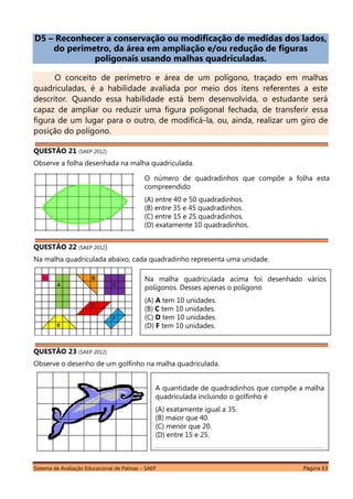 Sistema de Avaliação Educacional de Palmas – SAEP Página 63
D5 – Reconhecer a conservação ou modificação de medidas dos lados,
do perímetro, da área em ampliação e/ou redução de figuras
poligonais usando malhas quadriculadas.
O conceito de perímetro e área de um polígono, traçado em malhas
quadriculadas, é a habilidade avaliada por meio dos itens referentes a este
descritor. Quando essa habilidade está bem desenvolvida, o estudante será
capaz de ampliar ou reduzir uma figura poligonal fechada, de transferir essa
figura de um lugar para o outro, de modificá-la, ou, ainda, realizar um giro de
posição do polígono.
QUESTÃO 21 (SAEP 2012)
Observe a folha desenhada na malha quadriculada.
QUESTÃO 22 (SAEP 2012)
Na malha quadriculada abaixo, cada quadradinho representa uma unidade.
QUESTÃO 23 (SAEP 2012)
Observe o desenho de um golfinho na malha quadriculada.
O número de quadradinhos que compõe a folha esta
compreendido
(A) entre 40 e 50 quadradinhos.
(B) entre 35 e 45 quadradinhos.
(C) entre 15 e 25 quadradinhos.
(D) exatamente 10 quadradinhos.
Na malha quadriculada acima foi desenhado vários
polígonos. Desses apenas o polígono
(A) A tem 10 unidades.
(B) C tem 10 unidades.
(C) D tem 10 unidades.
(D) F tem 10 unidades.
A quantidade de quadradinhos que compõe a malha
quadriculada incluindo o golfinho é
(A) exatamente igual a 35.
(B) maior que 40.
(C) menor que 20.
(D) entre 15 e 25.
 