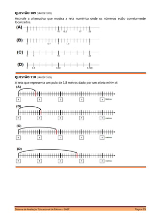 Sistema de Avaliação Educacional de Palmas – SAEP Página 95
QUESTÃO 109 (SARESP 2009)
Assinale a alternativa que mostra a reta numérica onde os números estão corretamente
localizados.
QUESTÃO 110 (SARESP 2009)
A reta que representa um pulo de 1,8 metros dado por um atleta mirim é:
 