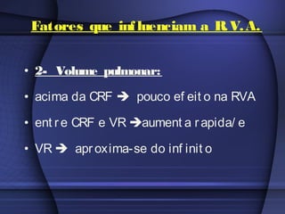 Fatores que influenciam a R.V.A.
• 2- Volume pulmonar:
• acima da CRF  pouco ef eit o na RVA
• ent re CRF e VR aument a rapida/ e
• VR  aproxima-se do inf init o
 