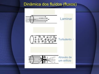 Laminar
Turbulento
Através de
um orifício
Dinâmica dos fluídos (fluxos)
 