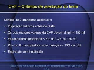CVF – Critérios de aceitação do teste
Mínimo de 3 manobras aceitáveis:
• Inspiração máxima antes do teste
• Os dois maiores valores da CVF devem diferir < 150 ml
• Volume retroextrapolado < 5% da CVF ou 150 ml
• Pico do fluxo expiratório com variação < 10% ou 0,5L
• Expiração sem hesitação
Diretrizes de função pulmonar. J Pneumologia 2002;28(3):S2-
S16.
 