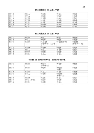76
                      EXERCÍCIOS DE AULA Nº 23

001) B   002) A            003) B             004) A           005) B
006) E   007) A            008) B             009) C           010) D
011) A   012) D            013) D             014) A           015) A
016) A   017) D            018) E             019) D           020) D
021) B   022) E            023) E             024) C           025) E
026) D   027) E            028) D             029) A           030) B
031) C   032) E            033) B             034) C           035) A



                      EXERCÍCIOS DE AULA Nº 24

001) E   002) B            003) A             004) A           005) D
006) B   007) A            008) C             009) E           010) D
011) C   012) B            013) 123           014) 33 (1+32)   015) 31
                           (1+2+4+8+16+32+6                    (1+2+4+8+16)
                           4)
016) A   017) D            018) D             019) B           020) C
021) C   022) A            023) A             024) D           025) A
026) D   027) C            028) B             029) D           030) B
031) D   032) E            033) A             034) A           035) B


              TESTE DE REVISÃO Nº 12 - REVISÃO FINAL

001) C   002) B            003) 77            004) D           005) B
                           (1+4+8+64)
006) C   007) C            008) C             009) 20          010) B
                                              (4+16)
011) D   012) B            013) A             014) B           015) D
016) C   017) A            018) C             019) 88          020) 5
                                              (8+16+64)
021) B   022) D            023) E             024) A           025) A
026) C   027) 24 (8+16)    028) C             029) D           030) C
031) A   032) E            033) B             034) A           035) C
 