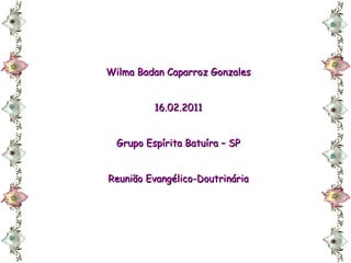 Wilma Badan Caparroz Gonzales 16.02.2011 Grupo Espírita Batuíra – SP Reunião Evangélico-Doutrinária 