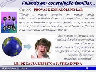 Falando em constelação familiar... Cap. XX –  PROVAS E EXPIAÇÕES NO LAR “ Sendo o planeta terrestre um mundo ainda relativamente primitivo de provas e expiações, é natural que, na maioria dos grupamentos familiares, apresentem-se os sofrimentos de vária ordem, convidando a reflexões e ao trabalho de iluminação interior .” “ São poucas as famílias, nas quais a dor não se apresenta convidando ao amadurecimento espiritual e à compreensão mais profunda a respeito da superior finalidade existencial .” LEI DE CAUSA E EFEITO x JUSTIÇA DIVINA 