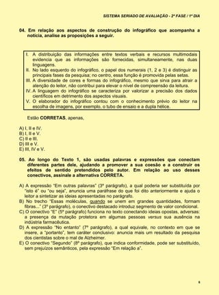 SISTEMA SERIADO DE AVALIAÇÃO - 2ª FASE / 1º DIA


04. Em relação aos aspectos de construção do infográfico que acompanha a
    notícia, analise as proposições a seguir.



   I. A distribuição das informações entre textos verbais e recursos multimodais
        evidencia que as informações são fornecidas, simultaneamente, nas duas
        linguagens.
   II. No lado esquerdo do infográfico, o papel dos numerais (1, 2 e 3) é distinguir as
        principais fases da pesquisa; no centro, essa função é promovida pelas setas.
   III. A diversidade de cores e formas do infográfico, mesmo que sirva para atrair a
        atenção do leitor, não contribui para elevar o nível de compreensão da leitura.
   IV. A linguagem do infográfico se caracteriza por valorizar a precisão dos dados
        científicos em detrimento dos aspectos visuais.
   V. O elaborador do infográfico contou com o conhecimento prévio do leitor na
        escolha de imagens, por exemplo, o tubo de ensaio e a dupla hélice.

    Estão CORRETAS, apenas,

A) I, II e IV.
B) I, II e V.
C) II e III.
D) III e V.
E) III, IV e V.

05. Ao longo do Texto 1, são usadas palavras e expressões que conectam
    diferentes partes dele, ajudando a promover a sua coesão e a construir os
    efeitos de sentido pretendidos pelo autor. Em relação ao uso desses
    conectivos, assinale a alternativa CORRETA.

A) A expressão “Em outras palavras” (3º parágrafo), a qual poderia ser substituída por
   “isto é” ou “ou seja”, anuncia uma paráfrase do que foi dito anteriormente e ajuda o
   leitor a sintetizar as ideias apresentadas no parágrafo.
B) No trecho “Essas moléculas, quando se unem em grandes quantidades, formam
   fibras...” (3º parágrafo), o conectivo destacado introduz segmento de valor condicional.
C) O conectivo “E” (5º parágrafo) funciona no texto conectando ideias opostas, adversas:
   a presença da mutação protetora em algumas pessoas versus sua ausência na
   indústria farmacêutica.
D) A expressão “No entanto” (7º parágrafo), a qual equivale, no contexto em que se
   insere, a “portanto”, tem caráter conclusivo: anuncia mais um resultado da pesquisa
   dos cientistas sobre o mal de Alzheimer.
E) O conectivo “Segundo” (8º parágrafo), que indica conformidade, pode ser substituído,
   sem prejuízos semânticos, pela expressão “Em relação a”.




                                                                                          6
 