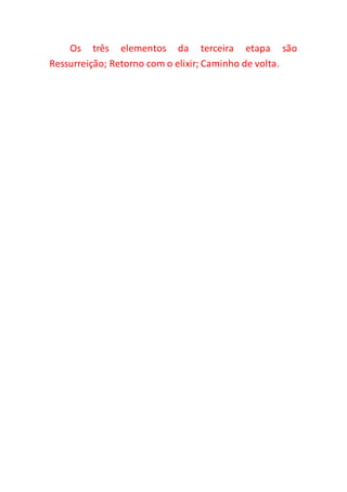 Os três elementos da terceira etapa são
Ressurreição; Retorno com o elixir; Caminho de volta.
 