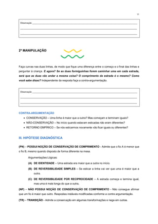 11
Observação _________________________________________________________________________________________
___________________________________________________________________________________________________
___________________________________________________________________________________________________
2ª MANIPULAÇÃO
Faça curvas nas duas linhas, de modo que fique uma diferença entre o começo e o final das linhas e
perguntar à criança. E agora? Se as duas formiguinhas forem caminhar uma em cada estrada,
será que as duas vão andar a mesma coisa? O comprimento da estrada é o mesmo? Como
você sabe disso? Independente da resposta faça a contra-argumentação.
Observação _________________________________________________________________________________________
___________________________________________________________________________________________________
___________________________________________________________________________________________________
CONTRA-ARGUMENTAÇÃO
 CONSERVAÇÃO – Uma linha é maior que a outra? Mas começam e terminam iguais?
 NÃO-CONSERVAÇÃO – No início quando estavam esticadas não eram diferentes?
 RETORNO EMPÍRICO – Se nós esticarmos novamente vão ficar iguais ou diferentes?
III. HIPÓTESE DIAGNÓSTICA
(PN) – POSSUI NOÇÃO DE CONSERVAÇÃO DE COMPRIMENTO - Admite que o fio A é menor que
o fio B, mesmo quando disposto de forma diferente na mesa.
Argumentações Lógicas:
(A) DE IDENTIDADE – Uma estrada era maior que a outra no início.
(B) DE REVERSIBILIDADE SIMPLES – Se esticar a linha vai ver que uma é maior que a
outra.
(C) DE REVERSIBILIDADE POR RECIPROCIDADE – A estrada começa e termina igual,
mas uma é mais longa do que a outra.
(NP) – NÃO POSSUI NOÇÃO DE CONSERVAÇÃO DE COMPRIMENTO - Não consegue afirmar
que um fio é maior que outro. Respostas instáveis modificadas conforme a contra argumentação.
(TR) – TRANSIÇÃO - Admite a conservação em algumas transformações e nega em outras.
 