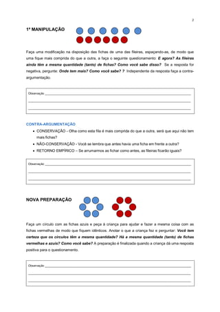 2
1ª MANIPULAÇÃO
Faça uma modificação na disposição das fichas de uma das fileiras, espaçando-as, de modo que
uma fique mais comprida do que a outra, a faça o seguinte questionamento: E agora? As fileiras
ainda têm a mesma quantidade (tanto) de fichas? Como você sabe disso? Se a resposta for
negativa, pergunte: Onde tem mais? Como você sabe? ? Independente da resposta faça a contra-
argumentação.
Observação _________________________________________________________________________________________
___________________________________________________________________________________________________
___________________________________________________________________________________________________
CONTRA-ARGUMENTAÇÃO
 CONSERVAÇÃO - Olha como esta fila é mais comprida do que a outra, será que aqui não tem
mais fichas?
 NÃO-CONSERVAÇÃO - Você se lembra que antes havia uma ficha em frente a outra?
 RETORNO EMPÍRICO – Se arrumarmos as fichar como antes, as fileiras ficarão iguais?
Observação _________________________________________________________________________________________
___________________________________________________________________________________________________
___________________________________________________________________________________________________
NOVA PREPARAÇÃO
Faça um círculo com as fichas azuis e peça à criança para ajudar e fazer a mesma coisa com as
fichas vermelhas de modo que fiquem idênticos. Anotar o que a criança fez e perguntar: Você tem
certeza que os círculos têm a mesma quantidade? Há a mesma quantidade (tanto) de fichas
vermelhas e azuis? Como você sabe? A preparação é finalizada quando a criança dá uma resposta
positiva para o questionamento.
Observação _________________________________________________________________________________________
___________________________________________________________________________________________________
___________________________________________________________________________________________________
 