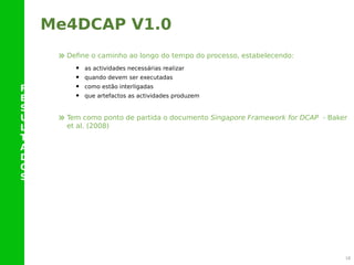 R
E
S
U
L
T
A
D
O
S
18
Me4DCAP V1.0
»Define o caminho ao longo do tempo do processo, estabelecendo:
• as actividades necessárias realizar
• quando devem ser executadas
• como estão interligadas
• que artefactos as actividades produzem
»Tem como ponto de partida o documento Singapore Framework for DCAP - Baker
et al. (2008)
 