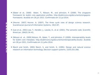 R
E
F
E
R
Ê
N
C
I
A
S
• [Baker et al., 2008] Baker, T., Nilsson, M., and Johnston, P. (2008). The singapore
framework for dublin core application profiles. http://dublincore.org/documents/singapore-
framework/. Acedido em 26 Jun 2011. Confirmado em 11 Jul 2014.
• [Hevner, 2007] Hevner, A. (2007). The three cycle view of design science research.
Scandinavian Journal of Information Systems, 19(2):87.
• [Lee et al., 2001] Lee, T., Hendler, J., Lassila, O., et al. (2001). The semantic web. Scientific
American, 284(5):34–43.
• [Nilsson et al., 2009] Nilsson, M., Baker, T., and Johnston, P. (2009). Interoperability levels
for dublin core metadata. http://dublincore.org/documents/interoperability-levels/. Acedido
em 26 Jun 2011. Confirmado em 11 Julho 2014.
• March and Smith, 1995] March, S. and Smith, G. (1995). Design and natural science
research on information technology. Decision support systems, 15(4):251-266.
28
 