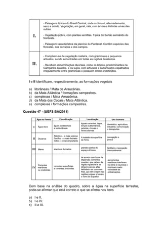 I e II identificam, respectivamente, as formações vegetais

   a)   litorâneas / Mata de Araucárias.
   b)   da Mata Atlântica / formações campestres.
   c)   complexas / Mata Amazônica.
   d)   da Mata dos Cocais / Mata Atlântica.
   e)   complexas / formações campestres.

Questão 47 - (UEFS BA/2011)




   Com base na análise do quadro, sobre a água na superfície terrestre,
   pode-se afirmar que está correto o que se afirma nos itens

   a) I e II.
   b) I e IV.
   c) II e III.
 