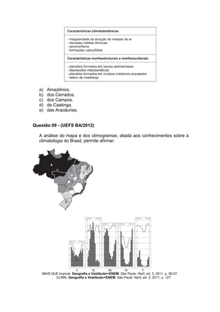 a)   Amazônico.
  b)   dos Cerrados.
  c)   dos Campos.
  d)   da Caatinga.
  e)   das Aracáurias.


Questão 09 - (UEFS BA/2012)

  A análise do mapa e dos climogramas, aliada aos conhecimentos sobre a
  climatologia do Brasil, permite afirmar:




    MAIS QUE tropical. Geografia e Vestibular+ENEM. São Paulo: Abril, ed. 3, 2011, p. 56-57.
           CLIMA. Geografia e Vestibular+ENEM. São Paulo: Abril, ed. 3, 2011, p. 127.
 