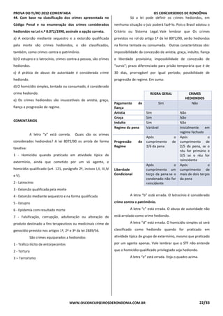 PROVA DO TJ/RO 2012 COMENTADA OS CONCURSEIROS DE RONDÔNIA
WWW.OSCONCURSEIROSDERONDONIA.COM.BR 22/33
44. Com base na classificação dos crimes apresentada no
Código Penal e na enumeração dos crimes considerados
hediondos na Lei n.º 8.072/1990, assinale a opção correta.
a) A extorsão mediante sequestro e a extorsão qualificada
pela morte são crimes hediondos, e são classificados,
também, como crimes contra o patrimônio.
b) O estupro e o latrocínio, crimes contra a pessoa, são crimes
hediondos.
c) A prática de abuso de autoridade é considerada crime
hediondo.
d) O homicídio simples, tentado ou consumado, é considerado
crime hediondo.
e) Os crimes hediondos são insuscetíveis de anistia, graça,
fiança e progressão de regime.
COMENTÁRIOS
A letra “a” está correta. Quais são os crimes
considerados hediondos? A lei 8072/90 os arrola de forma
taxativa:
1 - Homicídio quando praticado em atividade típica de
extermínio, ainda que cometido por um só agente, e
homicídio qualificado (art. 121, parágrafo 2º, incisos I,II, III,IV
e V).
2 - Latrocínio
3 - Extorsão qualificada pela morte
4 - Extorsão mediante sequestro e na forma qualificada
5 - Estupro
6 - Epidemia com resultado morte
7 - Falsificação, corrupção, adulteração ou alteração de
produto destinado a fins terapeuticos ou medicinais crime de
genocídio previsto nos artigos 1º, 2º e 3º da lei 2889/56.
São crimes equiparados a hediondos:
1 - Tráfico ilícito de entorpecentes
2 - Tortura
3 – Terrorismo
Só a lei pode definir os crimes hediondos, em
nenhuma situação o juiz poderá fazê-lo. Pois o Brasil adotou o
Critério ou Sistema Legal. Vale lembrar que Os crimes
previstos no rol do artigo 1º da lei 8072/90, serão hediondos
na forma tentada ou consumada. Outras características são:
impossibilidade da concessão de anistia, graça, indulto, fiança
e liberdade provisória; impossibilidade de concessão de
“sursis”; prazo diferenciado para prisão temporária que é de
30 dias, prorrogável por igual período; possibilidade de
progressão de regime. Em suma:
REGRA GERAL CRIMES
HEDIONDOS
Pagamento de
fiança
Sim Não
Anistia Sim Não
Graça Sim Não
Indulto Sim Não
Regime da pena Variável Inicialmente em
regime fechado
Progressão de
Regime
Após o
cumprimento de
1/6 da pena
Após o
cumprimento de
2/5 da pena, se o
réu for primário e
3/5 se o réu for
reincidente
Liberdade
Condicional
Após o
cumprimento um
terço da pena se o
condenado não for
reincidente
Após o
cumprimento de
mais de dois terços
da pena
A letra “b” está errada. O latrocínio é considerado
crime contra o patrimônio.
A letra “c” está errada. O abuso de autoridade não
está arrolado como crime hediondo.
A letra “d” está errada. O homicídio simples só será
classificado como hediondo quando for praticado em
atividade típica de grupo de extermínio, mesmo que praticado
por um agente apenas. Vale lembrar que o STF não entende
que o homicídio qualificado privilegiado seja hediondo.
A letra “e” está errada. Veja o quadro acima.
 