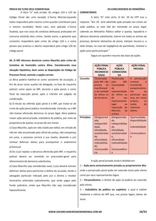 PROVA DO TJ/RO 2012 COMENTADA OS CONCURSEIROS DE RONDÔNIA
WWW.OSCONCURSEIROSDERONDONIA.COM.BR 24/33
A letra “e” está errada. Os artigos 124 e 125 do
Código Penal são uma exceção à Teoria Monista (quando
todos respondem pelo mesmo crime quando contribuem para
o mesmo resultado). Neste caso, será aplicada a Teoria
Dualista, que nos casos de condutas delituosas praticadas em
concurso existirão dois crimes. Sendo assim, a gestante que
consentiu responderá pelo crime do artigo 124 e a outra
pessoa que praticou o aborto responderá pelo artigo 126 do
código penal.
46. O MP ofereceu denúncia contra Maurílio pelo crime de
tentativa de homicídio contra Alina. Considerando essa
situação hipotética, bem como as disposições do Código de
Processo Penal, assinale a opção correta.
a) Alina poderá habilitar-se como assistente de acusação, a
fim de atuar como auxiliar de delegado, na fase de inquérito
policial; como apoio ao MP, durante a ação penal; e como
fiscal da execução penal, após o trânsito em julgado da
condenação.
b) O titular da referida ação penal é o MP, por tratar-se de
crime de ação penal pública incondicionada. Contudo, se o MP
não tivesse oferecido denúncia no prazo legal, Alina poderia
mover ação penal privada, subsidiária da pública, por meio da
propositura de queixa, no prazo de seis meses.
c) Caso Maurílio, após ter sido citado por edital, em virtude de
não ter sido encontrado pelo oficial de justiça, não compareça
em juízo, o processo correrá à sua revelia, devendo o juiz
nomear defensor dativo para acompanhar o andamento
processual.
d) Se o juiz rejeitar a denúncia oferecida pelo MP, o inquérito
policial deverá ser remetido ao procurador-geral para
oferecimento de denúncia substitutiva.
e) Caso Maurílio seja considerado revel, o juiz deverá nomear
defensor dativo para patrocinar a defesa do acusado, tendo o
advogado particular indicado pelo juiz o direito a receber
honorários arbitrados judicialmente, que serão pagos pelo
fundo judiciário, ainda que Maurílio não seja considerado
hipossuficiente.
COMENTÁRIOS
A letra “b” está certa. O Art. 29 do CPP traz a
resposta: “Art. 29. Será admitida ação privada nos crimes de
ação pública, se esta não for intentada no prazo legal,
cabendo ao Ministério Público aditar a queixa, repudiá-la e
oferecer denúncia substitutiva, intervir em todos os termos do
processo, fornecer elementos de prova, interpor recurso e, a
todo tempo, no caso de negligência do querelante, retomar a
ação como parte principal.”
Segue um quandro-resumo dos tipos de ações.
AÇÃO PENAL
PÚBLICA
INCONDICIO
NADA
AÇÃO
PÚBLICA
CONDICIONA
DA
AÇÃO PENAL
PRIVADA
Conceito Titularizada
pelo MP, não
precisa de
manifestaçã
o da vontade
da vítima ou
de terceiros;
Titularizada
pelo MP,
necessidade
da
representação
da vítima ou
de seu
representante
legal ou
requisição do
Ministro da
Justiça;
A persecução
criminal é
transferida
excepcionalme
nte ao
particular que
atua em nome
próprio, na
tutela de
interesse
alheio;
Princípios Obrigatoried
ade,
indisponibili
dade,
oficialidade,
autotitarieda
de,
oficiosidade,
indivisibilida
de,
intranscedên
cia.
Obrigatorieda
de,
indisponibilida
de,
oficialidade,
autotitariedad
e,
oficiosidade,
indivisibilidade
,
intranscedênci
a
Oportunidade,
disponibilidade
,
indivisibilidade
,
intranscedenci
a.
A ação penal privada ainda é dividida em:
1 – Ação pena exclusivamente privada ou propriamente dita:
onde a persecução penal pode ser exercida tanto pela vítima
como por seus representantes legais.
2 – Personalíssima: o direito de ação só poderá ser exercido
pela vítima.
3 – Subsidiária da pública ou supletiva: a qual é cabível
mediante a inércia do MP que, nos prazos legais, deixar de
atuar.
 