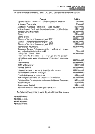 CONSELHO FEDERAL DE CONTABILIDADE
EXAME DE SUFICIÊNCIA
Técnico em Contabilidade
13
15. Uma entidade apresentou, em 31.12.2010, os seguintes saldos de contas:
Contas Saldos
Ações de outras Empresas – Para Negociação Imediata R$800,00
Ações em Tesouraria R$600,00
Ajustes de Avaliação Patrimonial – saldo devedor R$1.800,00
Aplicações em Fundos de Investimento com Liquidez Diária R$5.200,00
Bancos Conta Movimento R$12.000,00
Caixa R$1.400,00
Capital Social R$80.000,00
Clientes – Vencimento em março de 2011 R$24.000,00
Clientes – Vencimento em março de 2012 R$13.200,00
Clientes – Vencimento em março de 2013 R$8.000,00
Depreciação Acumulada R$17.600,00
Despesas Pagas Antecipadamente – prêmio de seguro
com vigência até dezembro de 2011 R$600,00
Estoque de Matéria-Prima R$10.000,00
Financiamento Bancário – a ser pago em 12 parcelas
mensais de igual valor, vencendo a primeira em janeiro de
2011 R$60.000,00
Fornecedores R$38.000,00
ICMS a Recuperar R$1.200,00
Imóveis de Uso R$52.000,00
Impostos a Pagar – Vencimento em janeiro de 2011 R$12.800,00
Máquinas Utilizadas na Produção R$36.000,00
Propriedades para Investimento R$8.000,00
Participação Societária em Empresas Controladas R$28.000,00
Participações Permanentes no Capital de Outras Empresas R$2.000,00
Reserva Legal R$8.000,00
Reservas de Capital R$4.400,00
Veículos utilizados para entrega de produtos R$16.000,00
No Balanço Patrimonial, o saldo do Ativo Circulante é igual a:
a) R$48.600,00.
b) R$50.000,00.
c) R$54.400,00.
d) R$55.200,00.
 