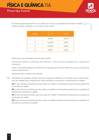 Na tabela seguinte apresentam-se os valores do inverso do quadrado dos períodos medidos
1
t2
e o
módulo da força centrípeta, Fc, em cada um dos ensaios.
	
Ensaio
1
t2
/ s-2
Fc / N
1 0,1150 0,099
2 0,2022 0,196
3 0,2983 0,294
4 0,4151 0,393
	 Determine o raio da trajetória descrita pelo carrinho.
	 Comece por deduzir a expressão que relaciona o valor da força centrípeta com o período do
movimento.
	 Utilize a calculadora gráfica para determinar a equação da linha que melhor se ajusta ao conjunto de
pontos experimentais.
	 Apresente todas as etapas de resolução.
1.3.	 Atendendo aos resultados obtidos, selecione a opção que apresenta a conclusão a que os alunos deve-
riam ter chegado para a relação entre a força centrípeta e o período do movimento de um satélite.
	 (A) O valor da força centrípeta que atua sobre um satélite é inversamente proporcional ao período do
movimento do satélite.
	 (B) O valor da força centrípeta que atua sobre um satélite é inversamente proporcional ao quadrado do
período do movimento do satélite.
	 (C) O valor da força centrípeta que atua sobre um satélite é diretamente proporcional ao período do
movimento do satélite.
	 (D) O valor da força centrípeta que atua sobre um satélite é diretamente proporcional ao quadrado do
período do movimento do satélite.
8
Prova-tipo Exame aFísica e Química 11A
©AREALEDITORES
 