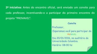 2ª iniciativa: Antes do encontro oficial, será enviado um convite para
cada professor, incentivando-o a participar do primeiro encontro do
projeto “PROVAVEL”.
Convite
Professor,
Esperamos você para participar do
PROVAVEL.
Dia 20/01/2016, no auditório da
Universidade Columbia.
Horário: 08:00 hs
 