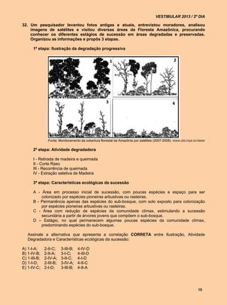 VESTIBULAR 2013 / 2º DIA

32. Um pesquisador levantou fotos antigas e atuais, entrevistou moradores, analisou
    imagens de satélites e visitou diversas áreas da Floresta Amazônica, procurando
    conhecer os diferentes estágios de sucessão em áreas degradadas e preservadas.
    Organizou as informações e propôs 3 etapas.

      1ª etapa: Ilustração da degradação progressiva




                Fonte: Monitoramento da cobertura florestal da Amazônia por satélites (2007-2008). www.obt.inpe.br/deter

      2ª etapa: Atividade degradadora

      I - Retirada de madeira e queimada
      II - Corte Raso
      III - Recorrência de queimada
      IV - Extração seletiva de Madeira

      3ª etapa: Características ecológicas da sucessão

      A - Área em processo inicial de sucessão, com poucas espécies e espaço para ser
          colonizado por espécies pioneiras arbustivas ou rasteiras.
      B - Permanência apenas das espécies do sub-bosque, com solo exposto para colonização
          por espécies pioneiras arbustivas ou rasteiras.
      C - Área com redução de espécies da comunidade clímax, estimulando a sucessão
          secundária a partir de árvores jovens que compõem o sub-bosque.
      D – Estágio, no qual permanecem algumas poucas espécies da comunidade clímax,
          predominando espécies do sub-bosque.

   Assinale a alternativa que apresenta a correlação CORRETA entre Ilustração, Atividade
   Degradadora e Características ecológicas da sucessão:

A) 1-I-A;     2-II-C;    3-III-B;   4-IV-D
B) 1-IV-B;    2-II-A;    3-I-C;     4-III-D
C) 1-III-B;   2-IV-A;    3-II-C;    4-I-D
D) 1-I-D;     2-III-B;   3-IV-A;    4-II-C
E) 1-IV-C;    2-I-D;     3-III-B;   4-II-A




                                                                                                                   15
 