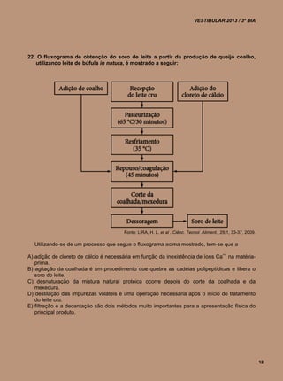 VESTIBULAR 2013 / 3º DIA




22. O fluxograma de obtenção do soro de leite a partir da produção de queijo coalho,
   utilizando leite de búfula in natura, é mostrado a seguir:




                                       Fonte: LIRA, H. L. et al . Ciênc. Tecnol. Aliment., 29,1, 33-37, 2009.

  Utilizando-se de um processo que segue o fluxograma acima mostrado, tem-se que a

A) adição de cloreto de cálcio é necessária em função da inexistência de íons Ca++ na matéria-
   prima.
B) agitação da coalhada é um procedimento que quebra as cadeias polipeptídicas e libera o
   soro do leite.
C) desnaturação da mistura natural proteica ocorre depois do corte da coalhada e da
   mexedura.
D) destilação das impurezas voláteis é uma operação necessária após o início do tratamento
   do leite cru.
E) filtração e a decantação são dois métodos muito importantes para a apresentação física do
   principal produto.




                                                                                                                12
 