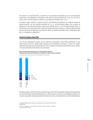 21
FUNDACIÓNCHILE2012
En relación a la subcontratación, se observó en las empresas estudiadas que por cada trabajador
propio hay 0,3 trabajadores contratistas. Este nivel de subcontratación de 1 a 0,3 es cerca de 10
veces menor al de las empresas mineras, cuya relación promedio es de 1 a 2,712
.
Al analizar según tamaño, se observa que las microempresas presentan los mayores niveles de
subcontratación, con una relación promedio de 1 a 1,1. Los más bajos niveles, por su parte, se
observan en las empresas grandes, donde esta relación es de 1 a 0,3. Al analizar según rubro, se
observa que casi todos ellos tienen niveles de subcontratación cercanos a 0, salvo las empresas que
prestan Servicios de ingeniería y consultoría, donde la relación promedio es de 1 empleado propio
por 2,3 trabajadores contratistas.
PROFESIONALIZACIÓN
14% de los trabajadores propios de las empresas proveedoras tiene título profesional y 24%
posee título de técnico, niveles ambos mayores a los promedios nacionales. El contar con niveles
relativamente altos de profesionalización le da, al conjunto de empresas proveedoras de la minería,
un mayor potencial de desarrollo y de innovación.
Nivel de profesionalización de los trabajadores propios,
comparación entre proveedores de la minería y fuerza laboral nacional
Fuente: elaboración propia en base a encuesta a proveedores y a INE (2010)13
Alanalizarsegúntamañodeempresaseobservaquesonlasmicroypequeñasempresaslasqueposeen
los más altos niveles de profesionalización, con cifras cercanas al 40% de sus trabajadores propios. Por
suparte,lasgrandesempresaspresentanlosmenoresniveles,conalrededordeun11%deprofesionales.
Fuerzalaboral
nacional
Proveedores
delaminería
Figura XX: Porcentaje de profesionales y técnicos.
Comparación de empresas proveedoras de minería
con el promedio a nivel nacional
Técnicos
Profesionales
Otros
24%
62%
11%
10%
80%
14%
12 Comisión Chilena del Cobre (2019). ¿Por qué subcontratan las empresas mineras en Chile?
Santiago: Autor.
13 INE (2010). Nueva encuesta nacional de empleo [Trimestre octubre, noviembre y
diciembre]. Santiago: Autor.
 