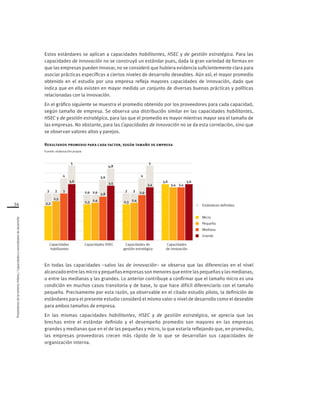 34
Proveedoresdelamineríachilena/Capacidadesynecesidadesdedesarrollo
Estos estándares se aplican a capacidades habilitantes, HSEC y de gestión estratégica. Para las
capacidades de innovación no se construyó un estándar pues, dada la gran variedad de formas en
que las empresas pueden innovar, no se consideró que hubiera evidencia suficientemente clara para
asociar prácticas específicas a ciertos niveles de desarrollo deseables. Aún así, el mayor promedio
obtenido en el estudio por una empresa refleja mayores capacidades de innovación, dado que
indica que en ella existen en mayor medida un conjunto de diversas buenas prácticas y políticas
relacionadas con la innovación.
En el gráfico siguiente se muestra el promedio obtenido por los proveedores para cada capacidad,
según tamaño de empresa. Se observa una distribución similar en las capacidades habilitantes,
HSEC y de gestión estratégica, para las que el promedio es mayor mientras mayor sea el tamaño de
las empresas. No obstante, para las Capacidades de innovación no se da esta correlación, sino que
se observan valores altos y parejos.
Resultados promedio para cada factor, según tamaño de empresa
Fuente: elaboración propia
En todas las capacidades –salvo las de innovación– se observa que las diferencias en el nivel
alcanzado entre las micro y pequeñas empresas son menores que entre las pequeñas y las medianas,
o entre las medianas y las grandes. Lo anterior contribuye a confirmar que el tamaño micro es una
condición en muchos casos transitoria y de base, lo que hace difícil diferenciarlo con el tamaño
pequeño. Precisamente por esta razón, ya observable en el citado estudio piloto, la definición de
estándares para el presente estudio consideró el mismo valor o nivel de desarrollo como el deseable
para ambos tamaños de empresa.
En las mismas capacidades habilitantes, HSEC y de gestión estratégica, se aprecia que las
brechas entre el estándar definido y el desempeño promedio son mayores en las empresas
grandes y medianas que en el de las pequeñas y micro, lo que estaría reflejando que, en promedio,
las empresas proveedoras crecen más rápido de lo que se desarrollan sus capacidades de
organización interna.
3 3
4
5
2,9 2,9
3,9
4,8
3 3
4
5
Pequeña
Mediana
Grande
Micro
Estándares definidos
Capacidades
habilitantes
Capacidades HSEC Capacidades de
gestión estratégica
Capacidades
de innovación
2,2
2,5
3
3,6
2,3 2,4
2,8
3,5
2,3 2,4
2,9
3,4
3,6
3,4 3,4
3,6
 