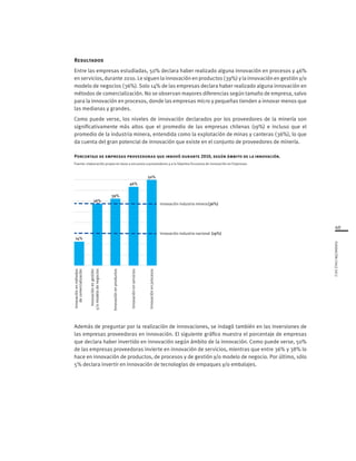 49
FUNDACIÓNCHILE2012
Además de preguntar por la realización de innovaciones, se indagó también en las inversiones de
las empresas proveedoras en innovación. El siguiente gráfico muestra el porcentaje de empresas
que declara haber invertido en innovación según ámbito de la innovación. Como puede verse, 50%
de las empresas proveedoras invierte en innovación de servicios, mientras que entre 36% y 38% lo
hace en innovación de productos, de procesos y de gestión y/o modelo de negocio. Por último, sólo
5% declara invertir en innovación de tecnologías de empaques y/o embalajes.
Innovaciónenmétodos
decomercialización
Innovaciónengestión
y/omodelodenegocios
Innovaciónenproductos
Innovaciónenservicios
Innovaciónenprocesos
50%
14%
36%
39%
46%
Innovación industria nacional (19%)
Innovación industria minera(36%)
Resultados
Entre las empresas estudiadas, 50% declara haber realizado alguna innovación en procesos y 46%
en servicios, durante 2010. Le siguen la innovación en productos (39%) y la innovación en gestión y/o
modelo de negocios (36%). Solo 14% de las empresas declara haber realizado alguna innovación en
métodos de comercialización. No se observan mayores diferencias según tamaño de empresa, salvo
para la innovación en procesos, donde las empresas micro y pequeñas tienden a innovar menos que
las medianas y grandes.
Como puede verse, los niveles de innovación declarados por los proveedores de la minería son
significativamente más altos que el promedio de las empresas chilenas (19%) e incluso que el
promedio de la industria minera, entendida como la explotación de minas y canteras (36%), lo que
da cuenta del gran potencial de innovación que existe en el conjunto de proveedores de minería.
Porcentaje de empresas proveedoras que innovó durante 2010, según ámbito de la innovación.
Fuente: elaboración propia en base a encuesta a proveedores y a la Séptima Encuesta de Innovación en Empresas
 