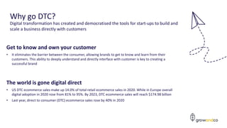 The world is gone digital direct
• US DTC ecommerce sales make up 14.0% of total retail ecommerce sales in 2020. While in Europe overall
digital adoption in 2020 rose from 81% to 95%. By 2023, DTC ecommerce sales will reach $174.98 billion
• Last year, direct to consumer (DTC) ecommerce sales rose by 40% in 2020
4
Why go DTC?
Digital transformation has created and democratised the tools for start-ups to build and
scale a business directly with customers
Get to know and own your customer
• It eliminates the barrier between the consumer, allowing brands to get to know and learn from their
customers. This ability to deeply understand and directly interface with customer is key to creating a
successful brand
 