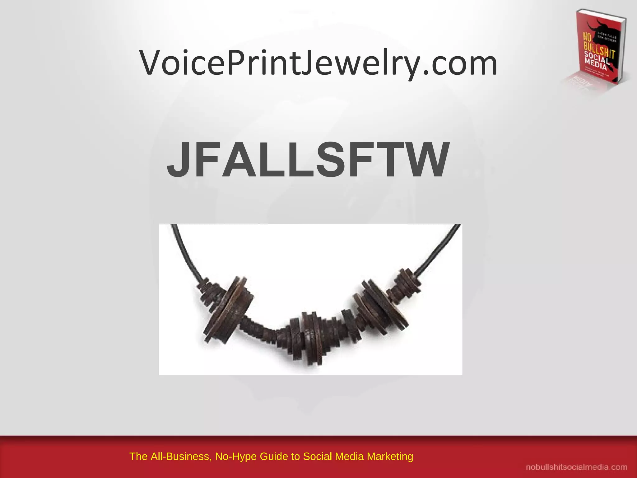 The All-Business, No-Hype Guide to Social Media Marketing
VoicePrintJewelry.com
JFALLSFTW
 