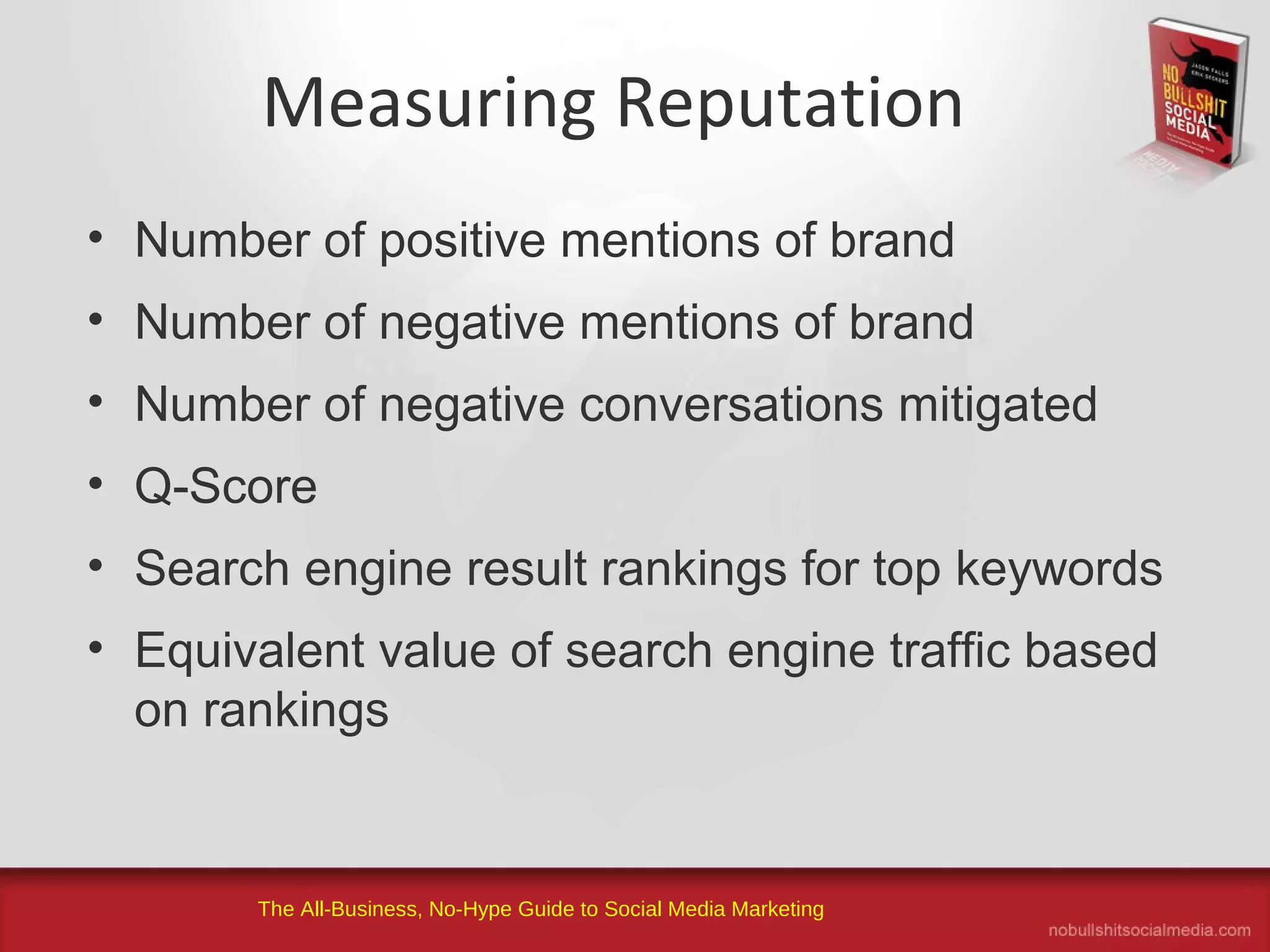 The All-Business, No-Hype Guide to Social Media Marketing
Measuring Reputation
• Number of positive mentions of brand
• Number of negative mentions of brand
• Number of negative conversations mitigated
• Q-Score
• Search engine result rankings for top keywords
• Equivalent value of search engine traffic based
on rankings
 