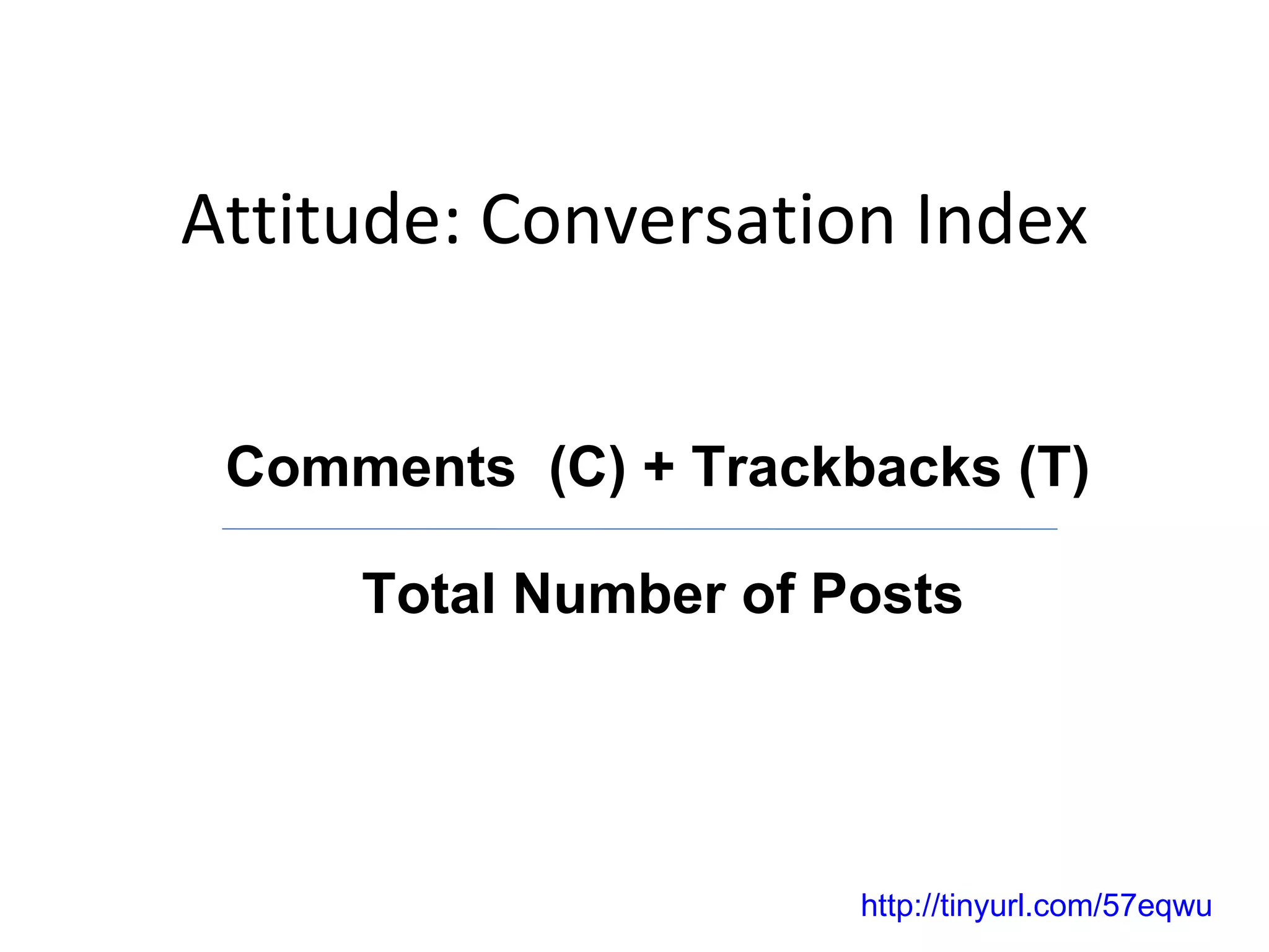 Attitude: Conversation Index Comments  (C) + Trackbacks (T) Total Number of Posts http://tinyurl.com/57eqwu 