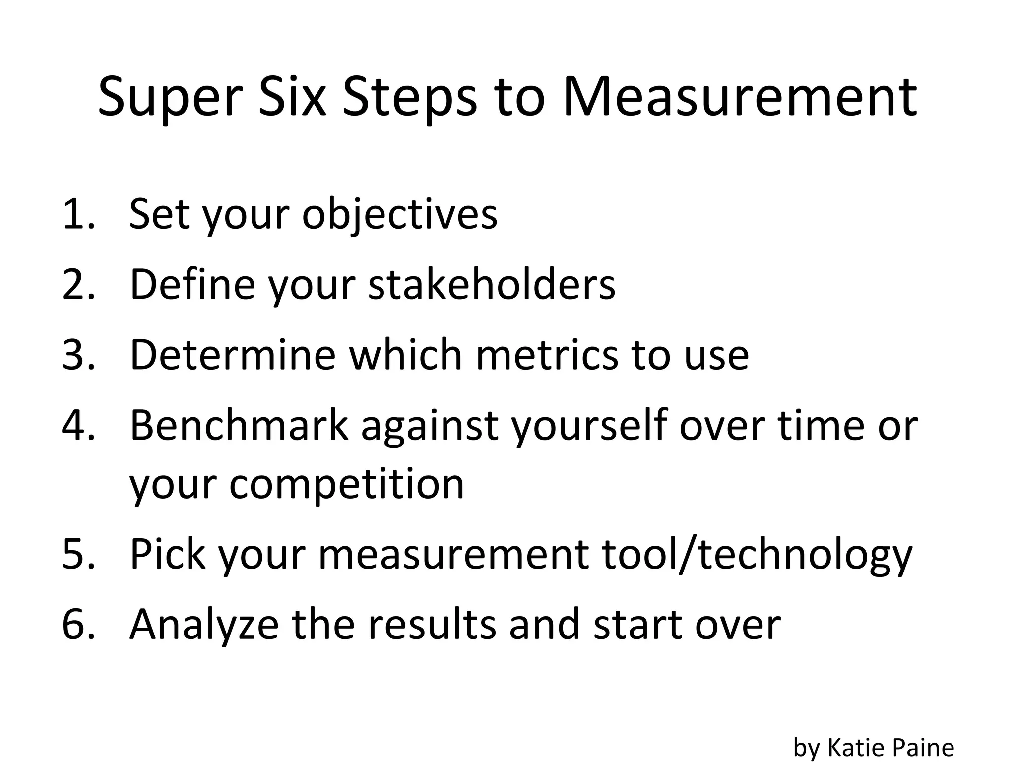 Super Six Steps to Measurement Set your objectives Define your stakeholders Determine which metrics to use Benchmark against yourself over time or your competition Pick your measurement tool/technology Analyze the results and start over by Katie Paine 