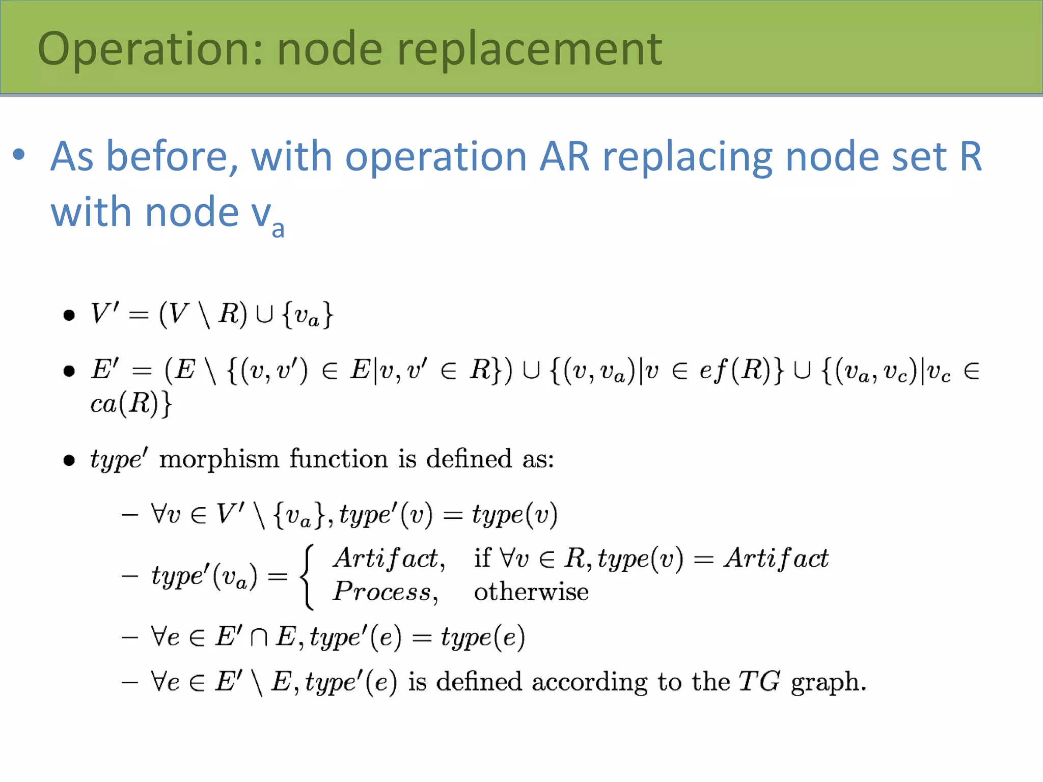 Operation: node replacement
• As before, with operation AR replacing node set R
with node va
 