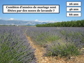 Combien d’années de mariage sont
fêtées par des noces de lavande ?
26 ans
46 ans
66 ans
 