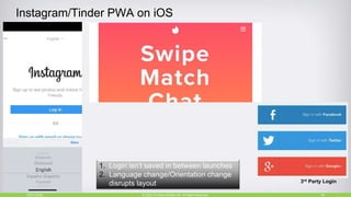 Instagram/Tinder PWA on iOS
10/27/2018 18© 2015, Perfecto Mobile Ltd. All Rights Reserved.
1. Login isn’t saved in between launches
2. Language change/Orientation change
disrupts layout 3rd Party Login
 