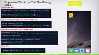 Progressive Web App – Test Plan Strategy:
Step 5
10/27/2018 30© 2015, Perfecto Mobile Ltd. All Rights Reserved.
Object
Identification
Strategy
Interact with WebView Elements within the PWA App
Launch PWA App
Close Driver
Interact with Native Elements of the PWA App
 