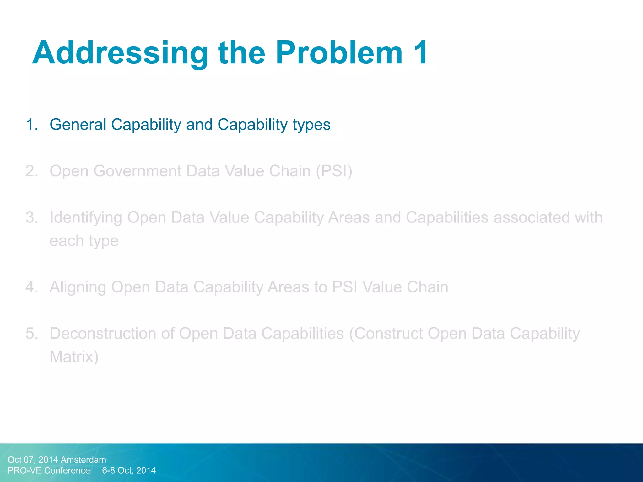 Addressing the Problem 1 
1.General Capability and Capability types 
2.Open Government Data Value Chain (PSI) 
3.Identifying Open Data Value Capability Areas and Capabilities associated with each type 
4.Aligning Open Data Capability Areas to PSI Value Chain 
5.Deconstruction of Open Data Capabilities (Construct Open Data Capability Matrix) 
Oct 07, 2014 Amsterdam 
PRO-VE Conference 6-8 Oct, 2014  