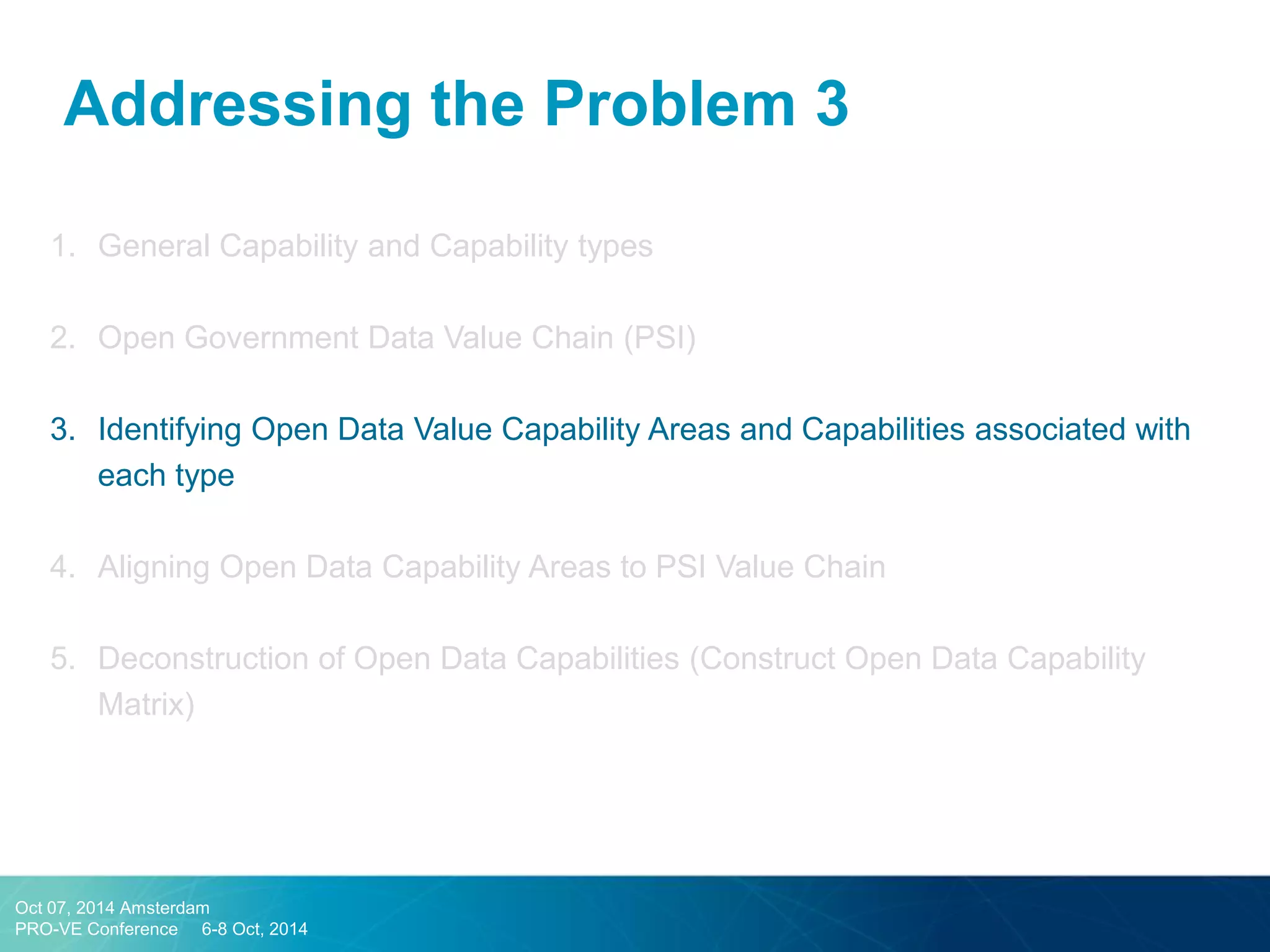 Addressing the Problem 3 
1.General Capability and Capability types 
2.Open Government Data Value Chain (PSI) 
3.Identifying Open Data Value Capability Areas and Capabilities associated with each type 
4.Aligning Open Data Capability Areas to PSI Value Chain 
5.Deconstruction of Open Data Capabilities (Construct Open Data Capability Matrix) 
Oct 07, 2014 Amsterdam 
PRO-VE Conference 6-8 Oct, 2014  