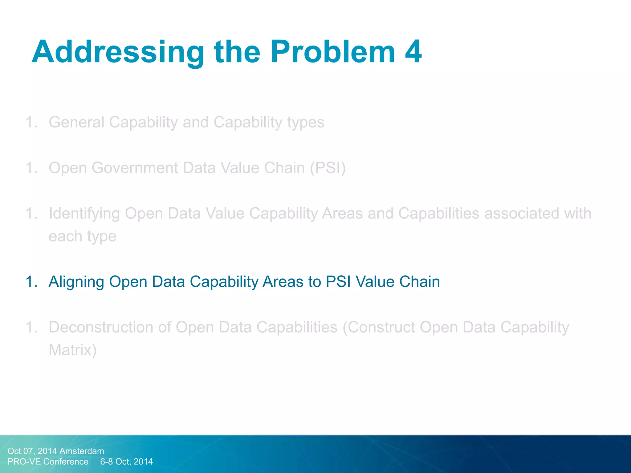 Addressing the Problem 4 
1.General Capability and Capability types 
1.Open Government Data Value Chain (PSI) 
1.Identifying Open Data Value Capability Areas and Capabilities associated with each type 
1.Aligning Open Data Capability Areas to PSI Value Chain 
1.Deconstruction of Open Data Capabilities (Construct Open Data Capability Matrix) 
Oct 07, 2014 Amsterdam 
PRO-VE Conference 6-8 Oct, 2014  