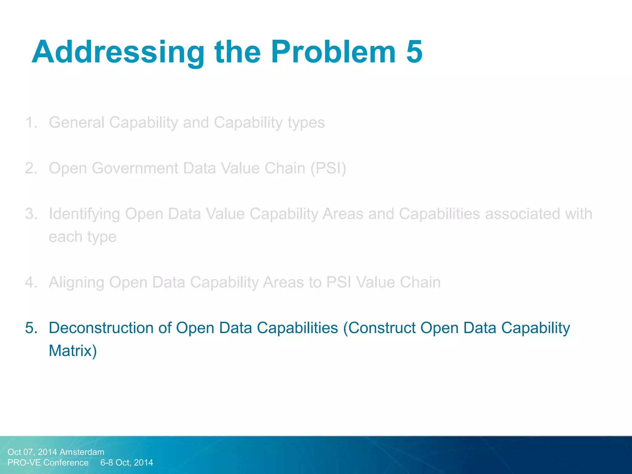 Addressing the Problem 5 
1.General Capability and Capability types 
2.Open Government Data Value Chain (PSI) 
3.Identifying Open Data Value Capability Areas and Capabilities associated with each type 
4.Aligning Open Data Capability Areas to PSI Value Chain 
5.Deconstruction of Open Data Capabilities (Construct Open Data Capability Matrix) 
Oct 07, 2014 Amsterdam 
PRO-VE Conference 6-8 Oct, 2014  