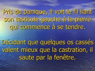 Pris de panique, il voit le fil liant son testicule gauche à la pierre qui commence à se tendre.   Décidant que quelques os cassés valent mieux que la castration, il saute par la fenêtre. 