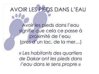AVOIR LES PIEDS DANS L’EAU Avoir les pieds dans l’eau signifie  que cela ce  passe à proximité de l’eau  (près d’un lac, de la mer…) « Les habitants des quartiers de Dakar ont les pieds dans l’eau dans le sens propre » 
